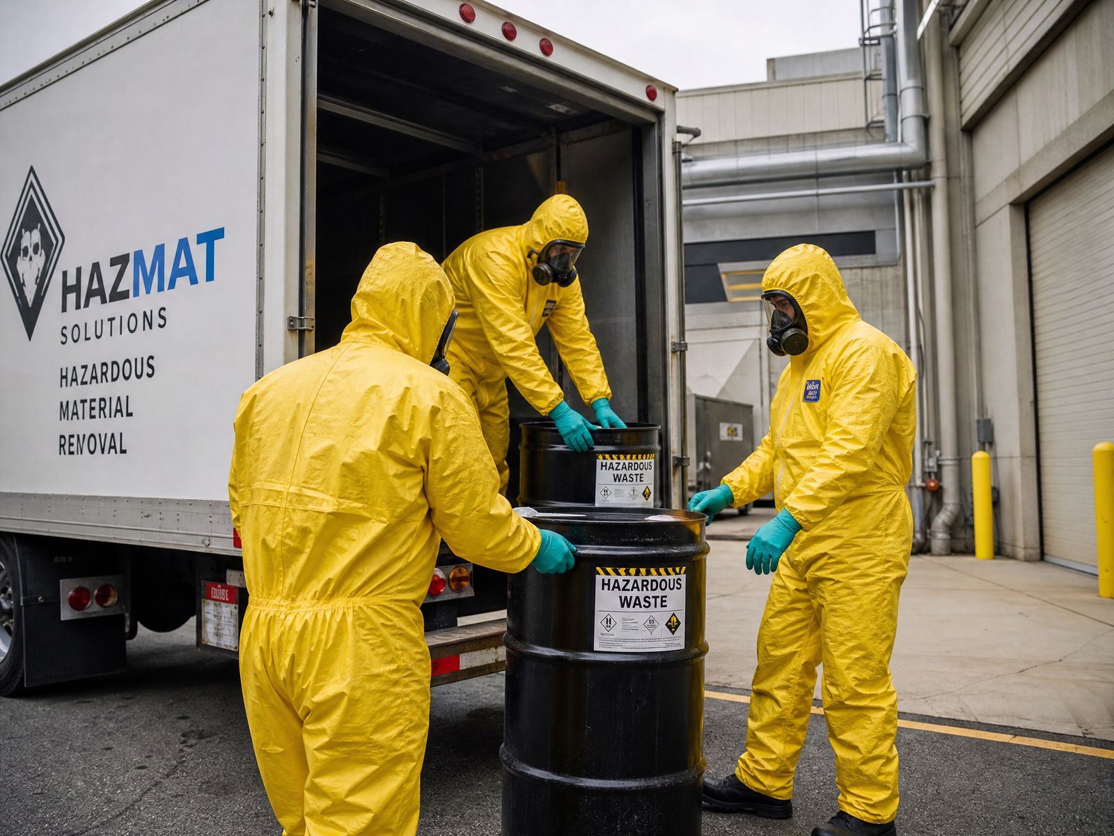 Professional hazardous material removal crew in yellow hazmat suits loading labeled waste containers onto a certified transport vehicle in Glendale, California