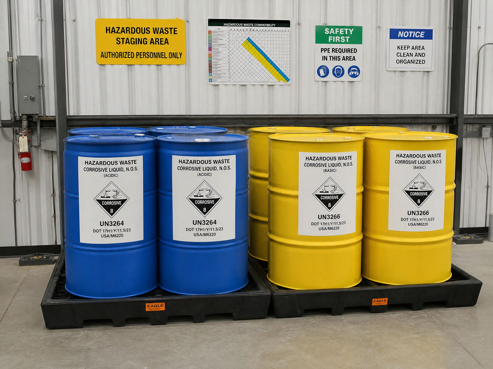 Properly labeled hazardous waste containers and drums in a staging area, representing compliant hazardous waste management in Glendale, California