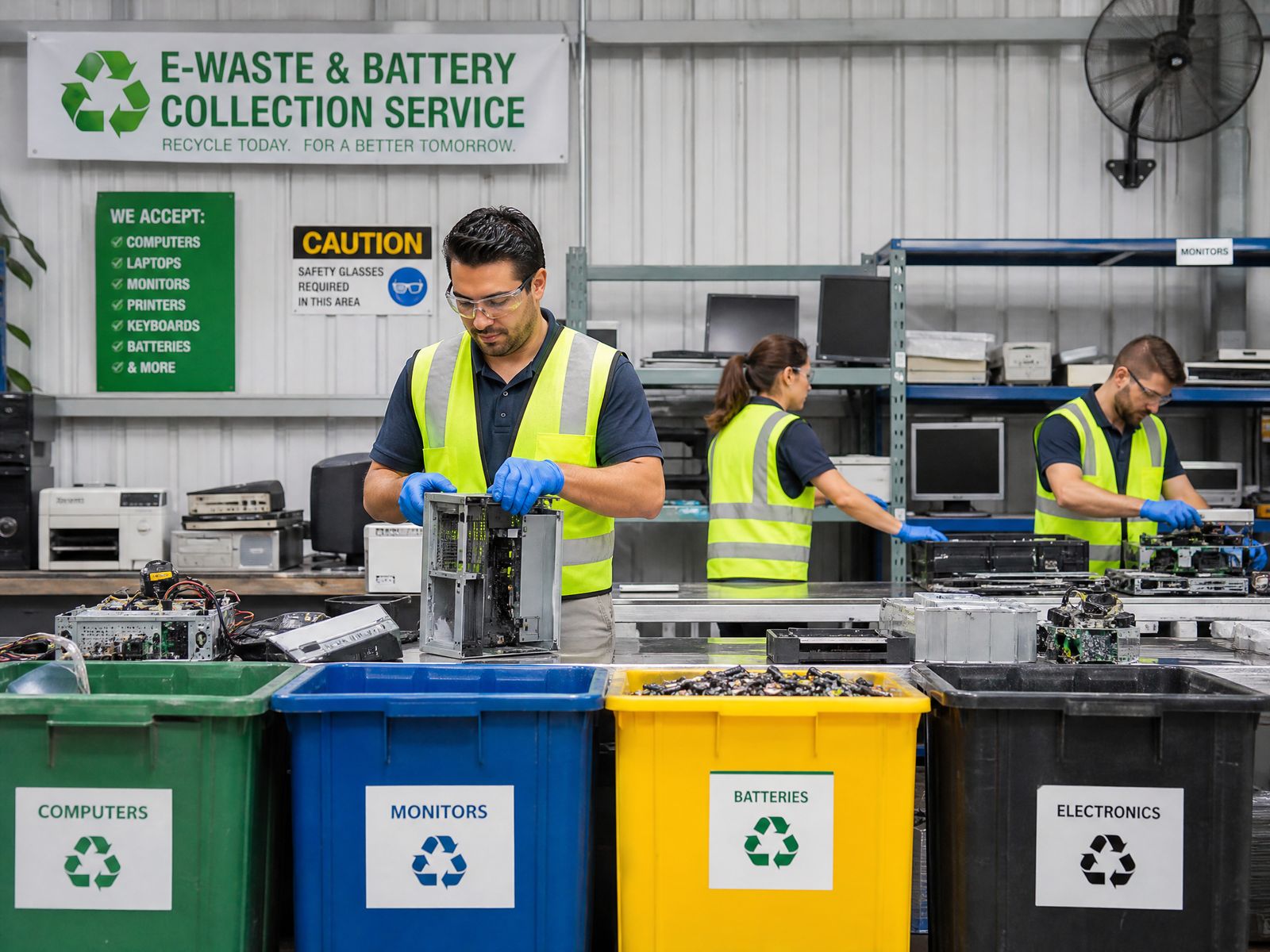 Electronic waste collection with computers, monitors, and devices being prepared for licensed e-waste recycling in Glendale, California
