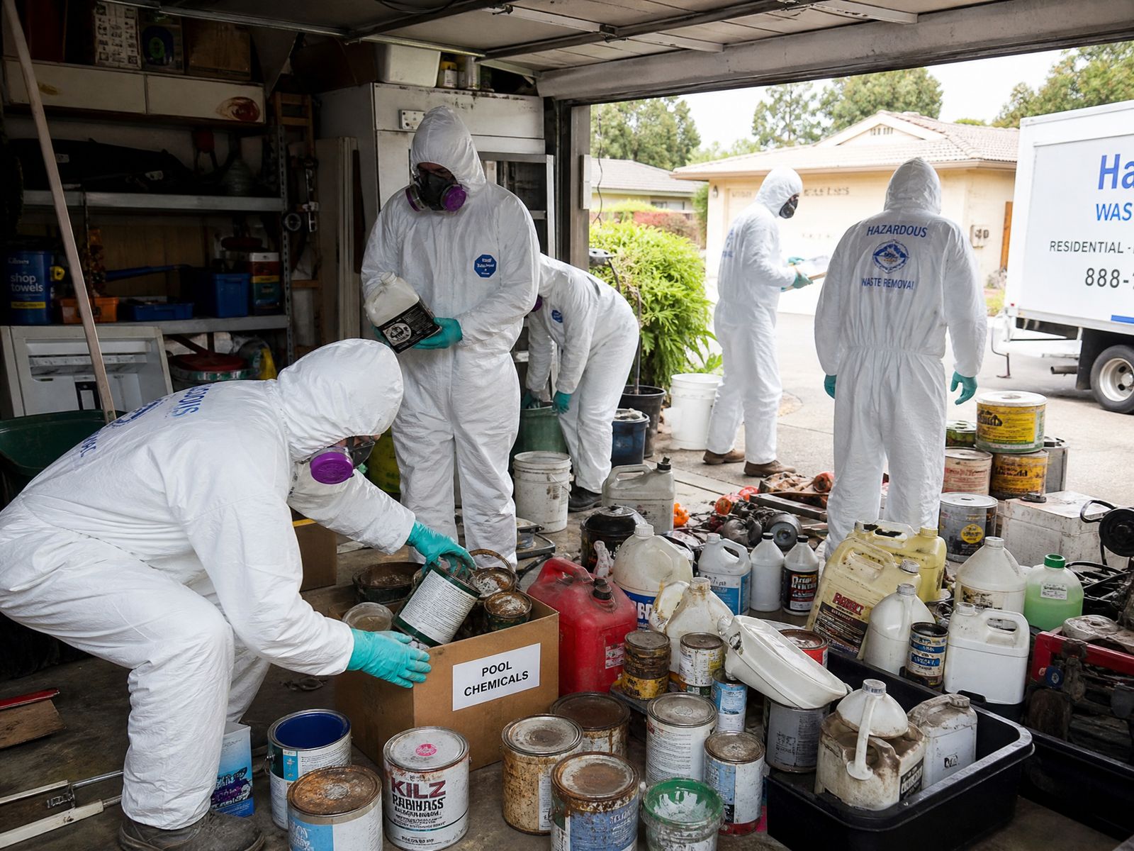 Technicians in protective equipment performing a garage chemical cleanout, removing old paint cans and household chemicals in Glendale, California