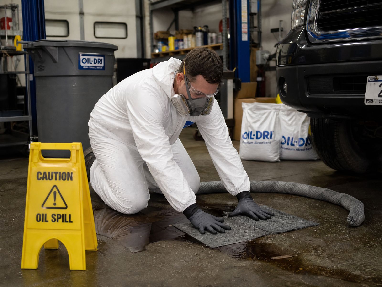 Hazardous removal technician in PPE performing oil and fuel spill cleanup at a property in Glendale, California