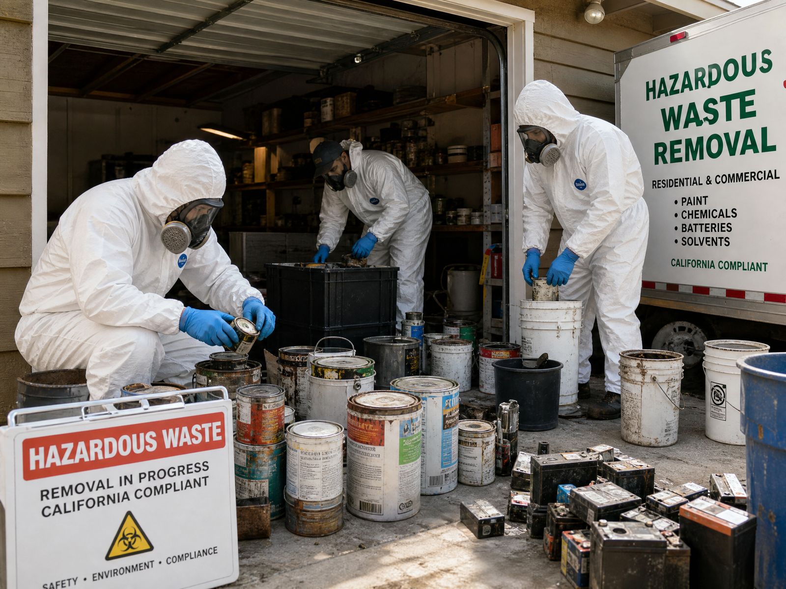Hazardous waste removal team in white protective suits removing old paint cans and chemicals from a residential garage in Glendale, California